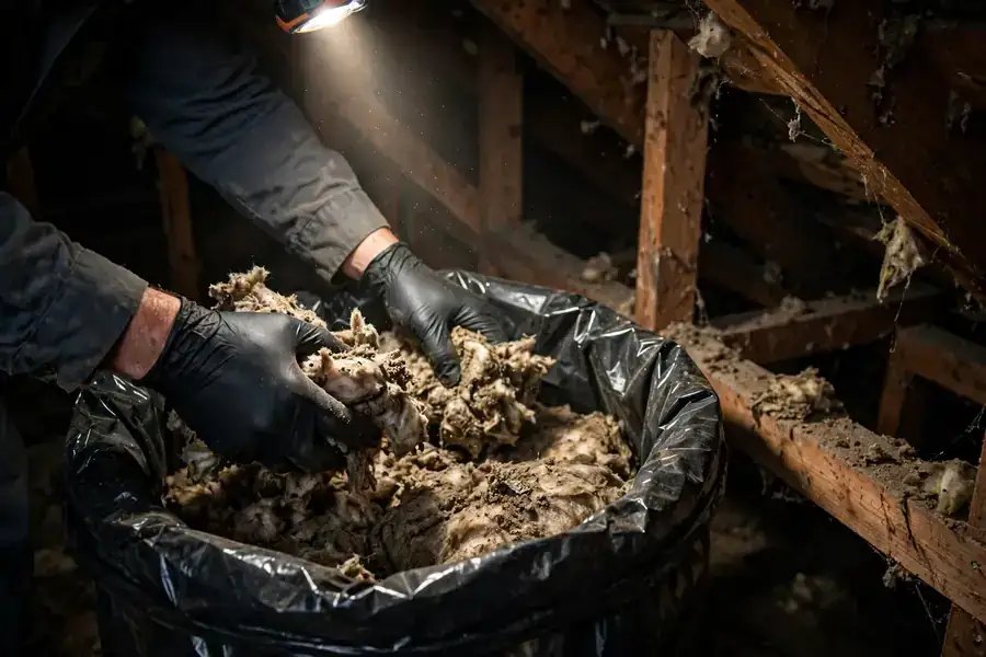 Bags of removed rodent-contaminated attic insulation stacked beside an open attic access hatch in a Corvallis home.