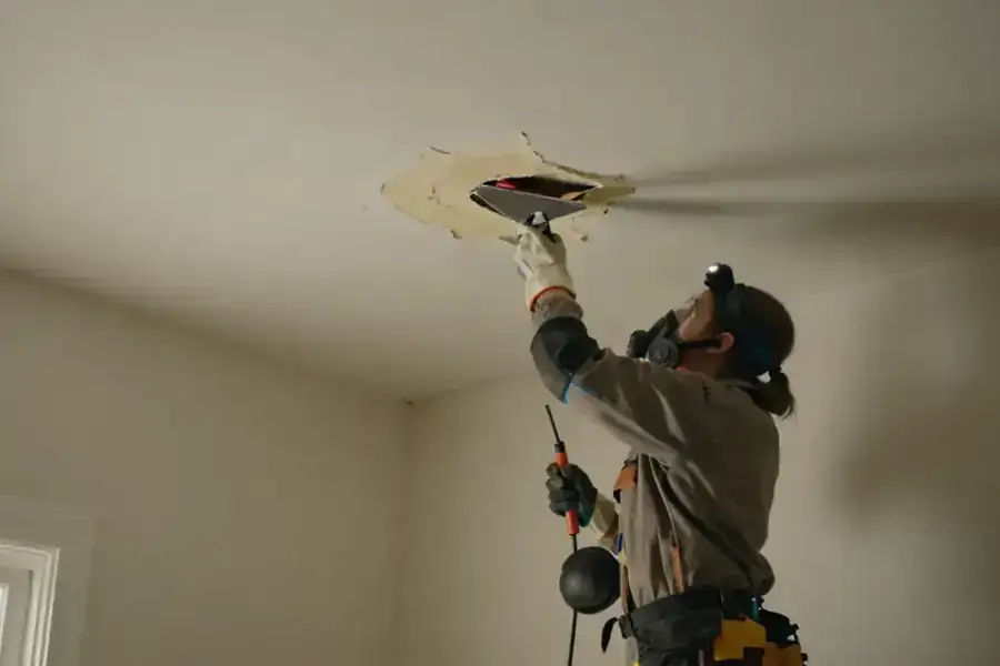 Rodent Damage Repair in Corvallis: pest management professional is patching a small, irregular hole in a drywall ceiling in