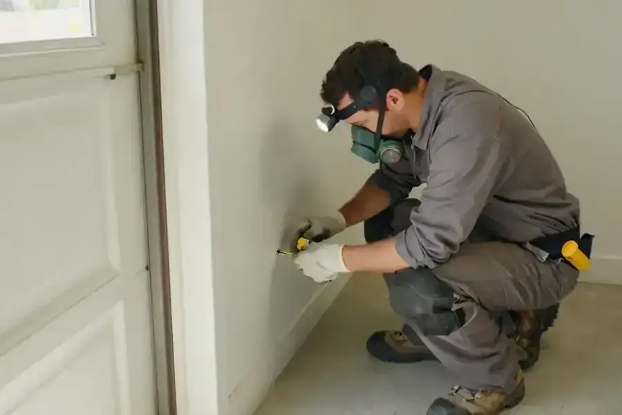 Rodent Control in Corvallis: pest management professional is carefully examining a gap beneath a garage door, holding a