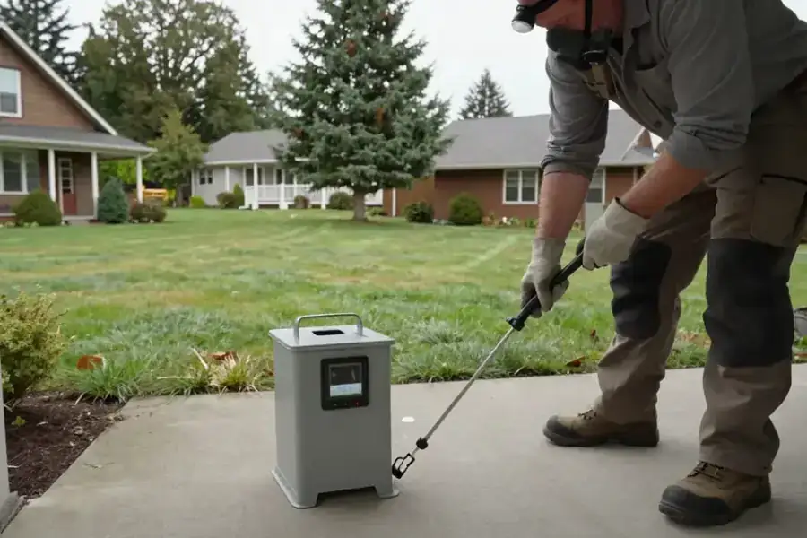 Rodent Control in Corvallis: close-up shot of a small, discreetly placed bait station on a concrete slab next to a
