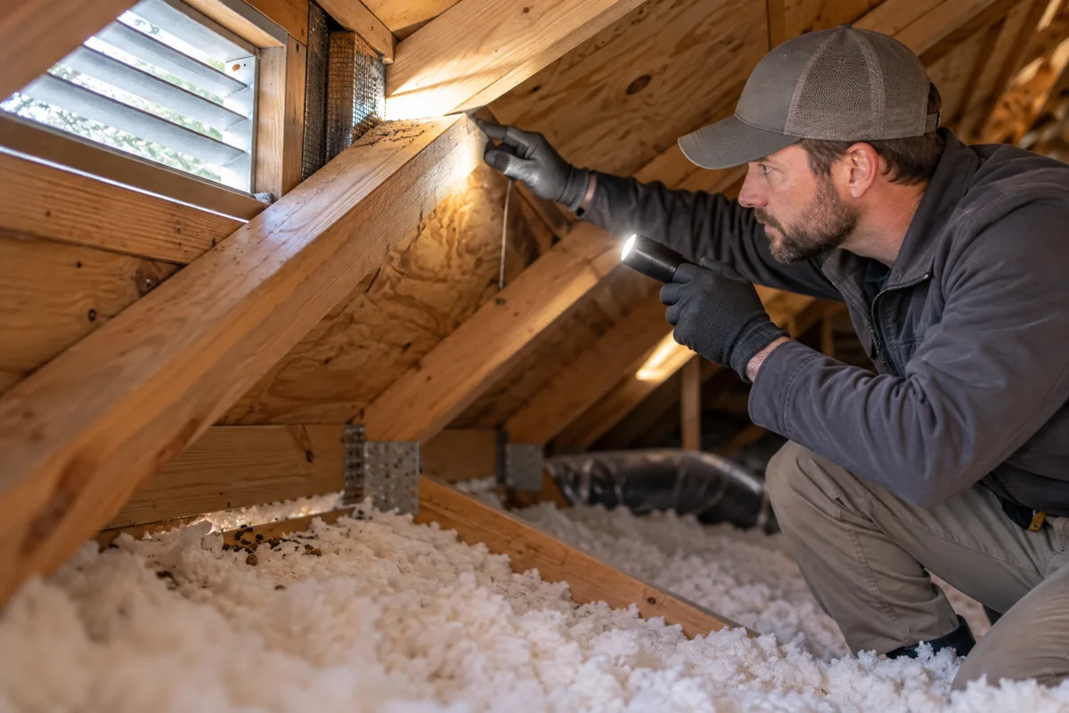 Rodent control professional inspecting attic insulation and a screened vent for mouse entry signs in Corvallis