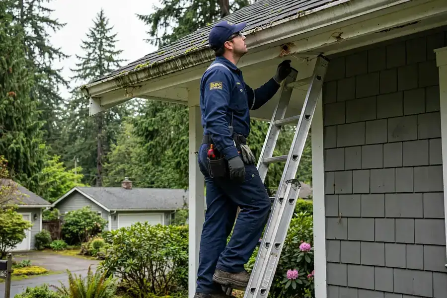 Technician handing a commercial service report to a Corvallis business manager