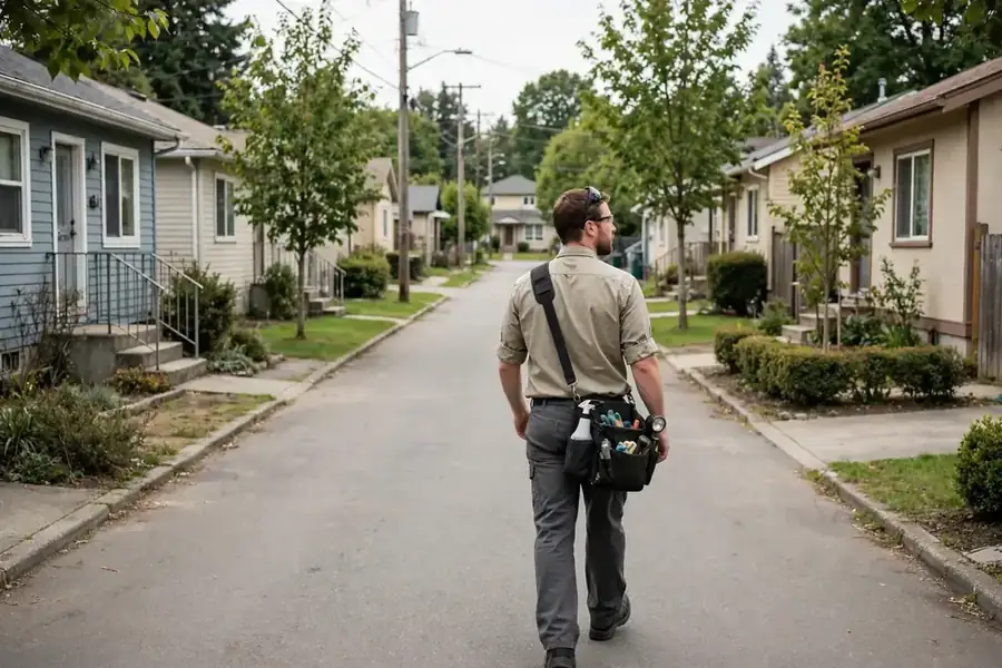 Adair Village street with mid-century homes near former military buildings