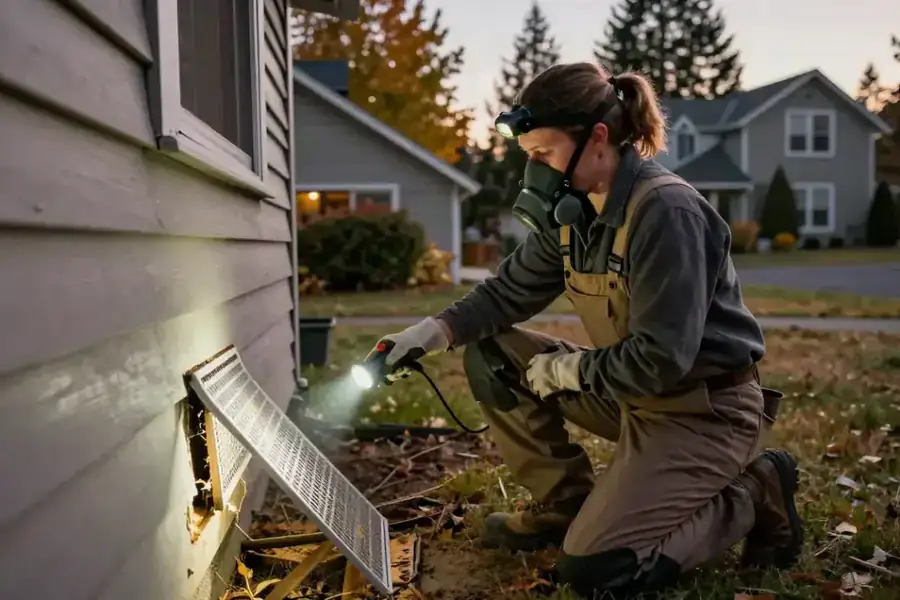 Rodent Inspection and Assessment in Corvallis: pest management professional is outside, kneeling and inspecting a foundation