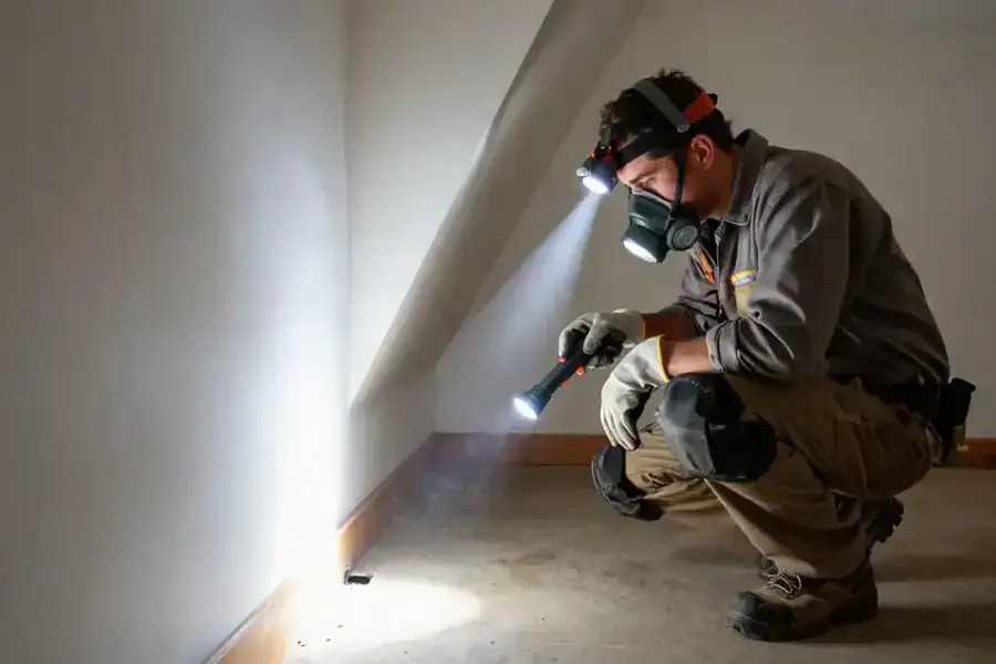 Rodent Control in Corvallis: pest management professional, wearing a headlamp, is crouched low, shining a powerful LED